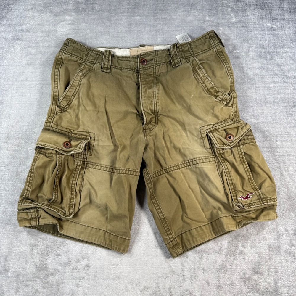 Hollister Shorts Mens 34 Olive Green Cotton Baggy Cargo Utility Y2K Faded Grunge